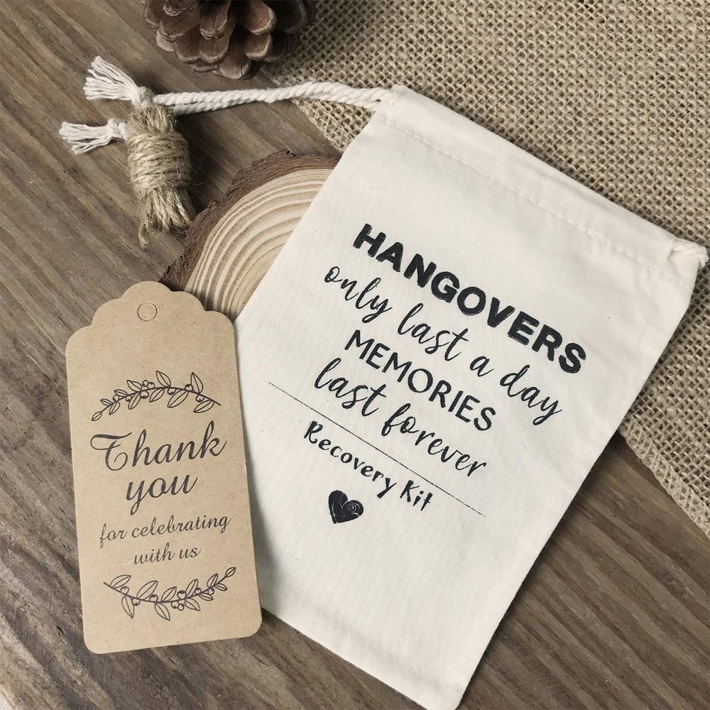 6 Party Favor Hangover Kit Bags (4'' x 6'') and 10 Gift Tags
